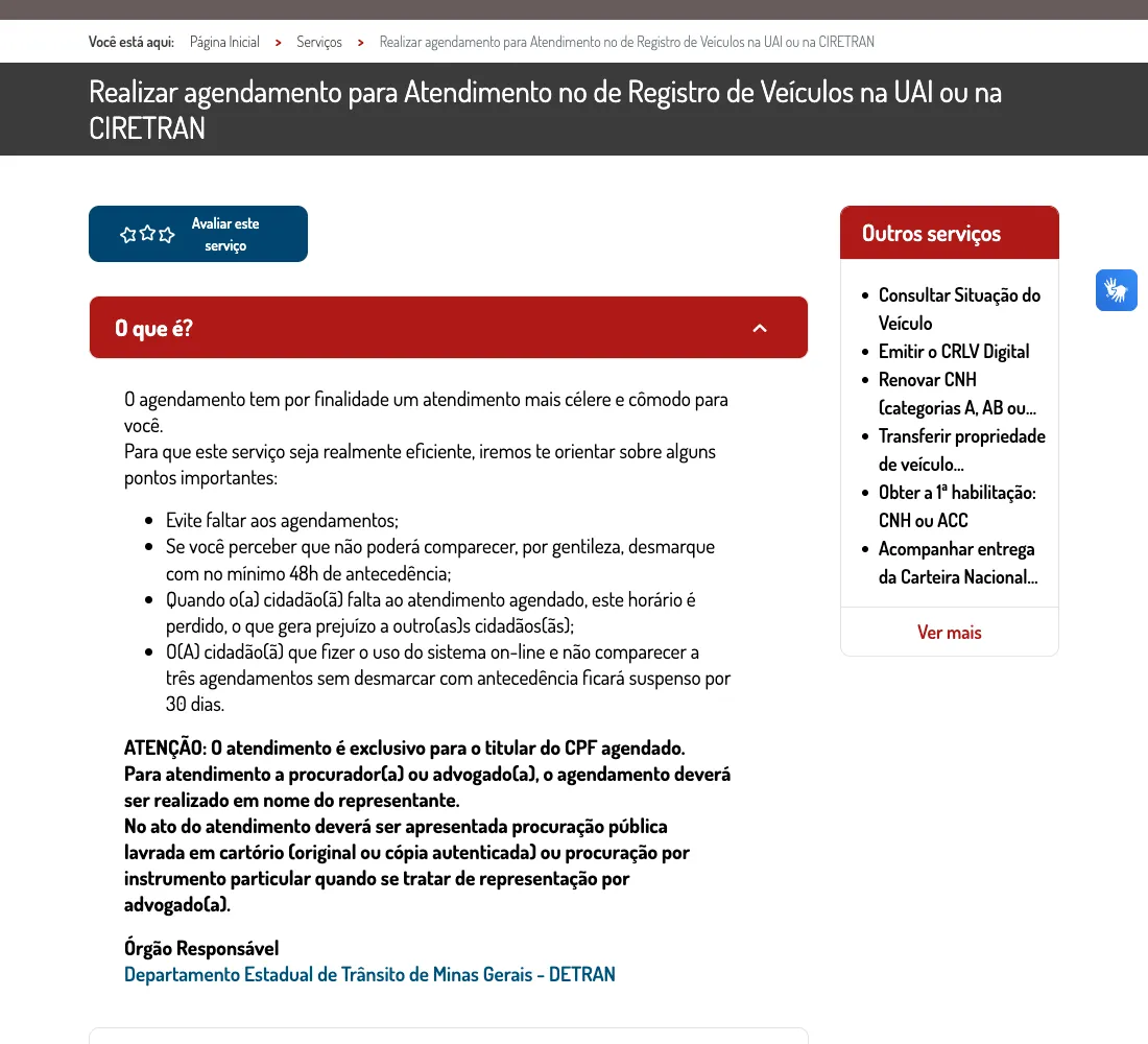 Página oficial do Portal MG para agendar atendimento de veículos na UAI ou na Ciretran