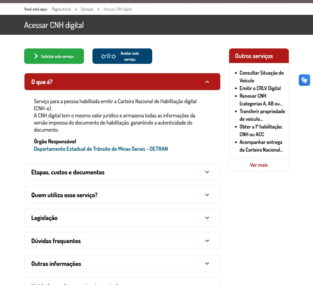 Página oficial de acesso à CNH digital no Portal MG