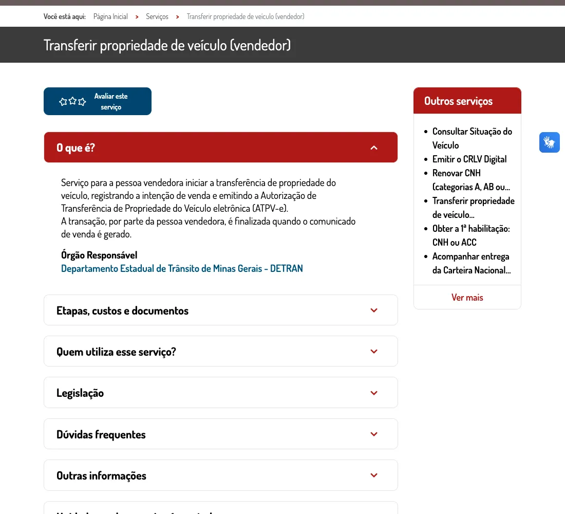 Página oficial de transferência de propriedade (vendedor) no Portal MG