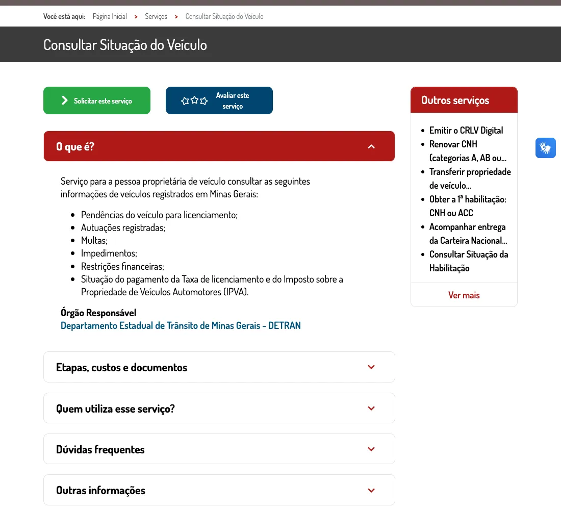 Página oficial de consulta da situação do veículo no Portal MG