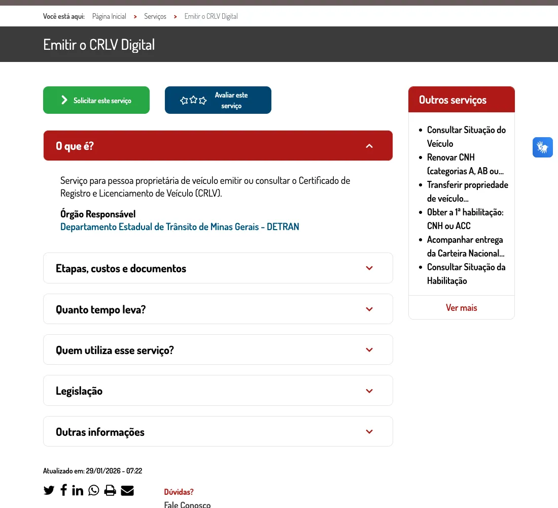 Página oficial para emitir o CRLV digital no Portal MG