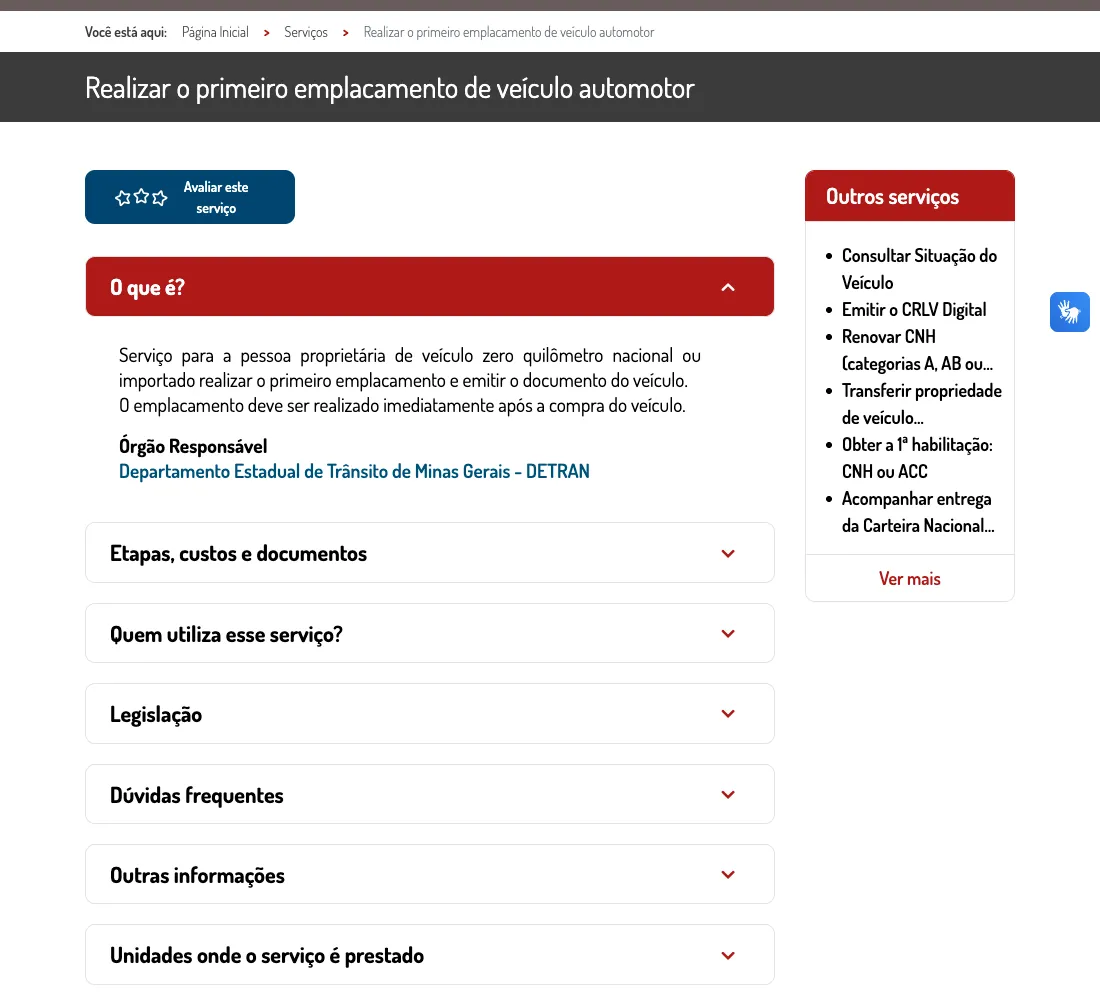 Página oficial do primeiro emplacamento no Portal MG