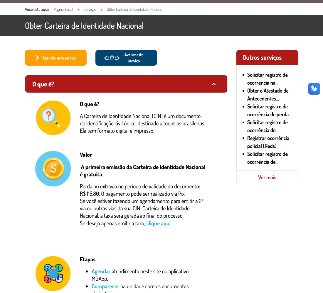 Página oficial da Carteira de Identidade Nacional no Portal MG