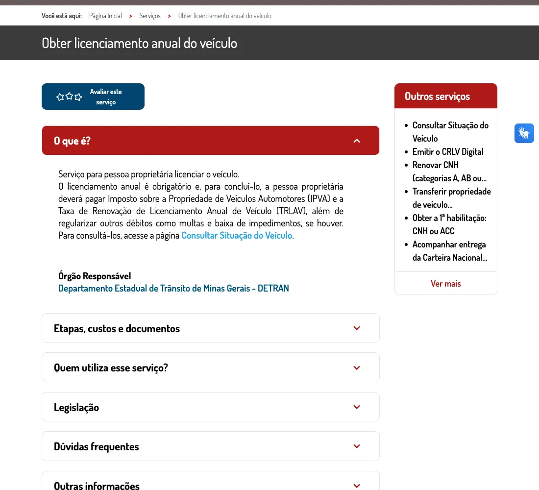 Página oficial do serviço de licenciamento anual no Portal MG