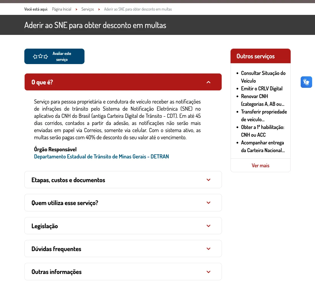 Página oficial de adesão ao SNE no Portal MG