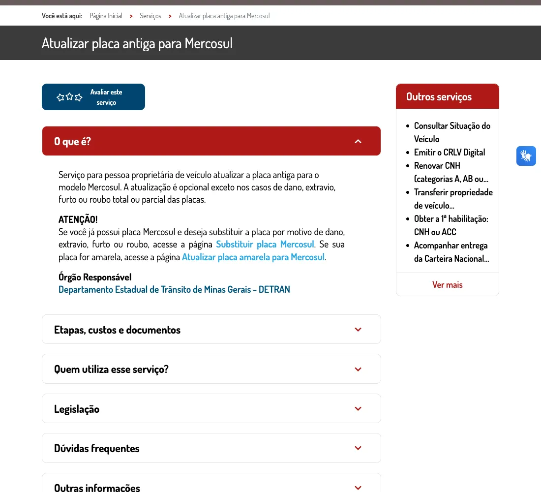 Página oficial para atualizar placa antiga para Mercosul no Portal MG