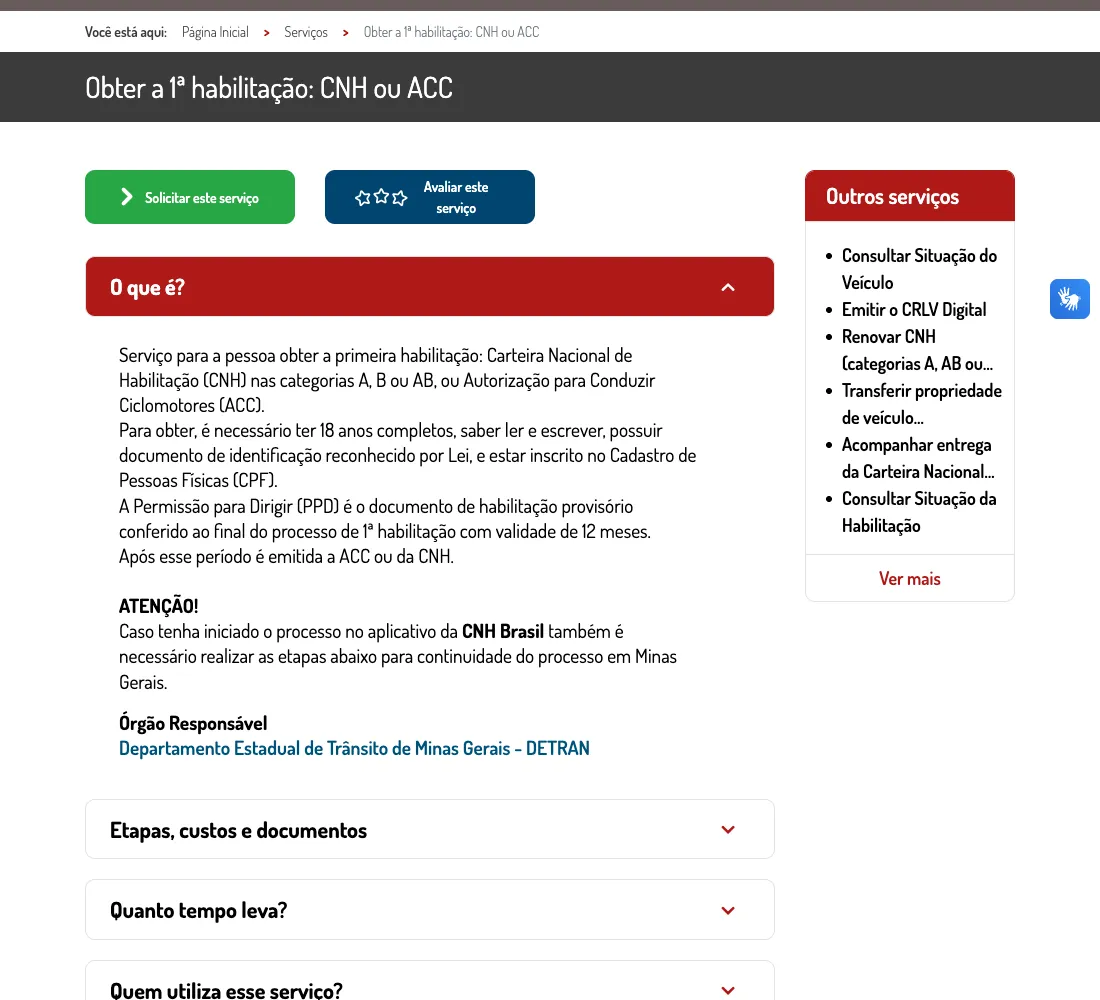 Página oficial da primeira habilitação no Portal MG