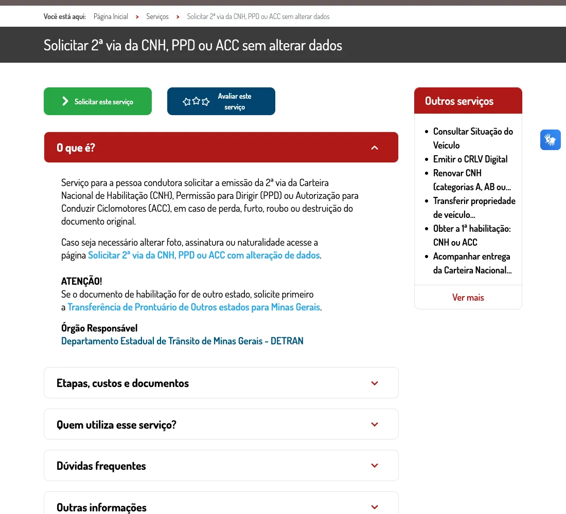 Página oficial da 2ª via da CNH no Portal MG