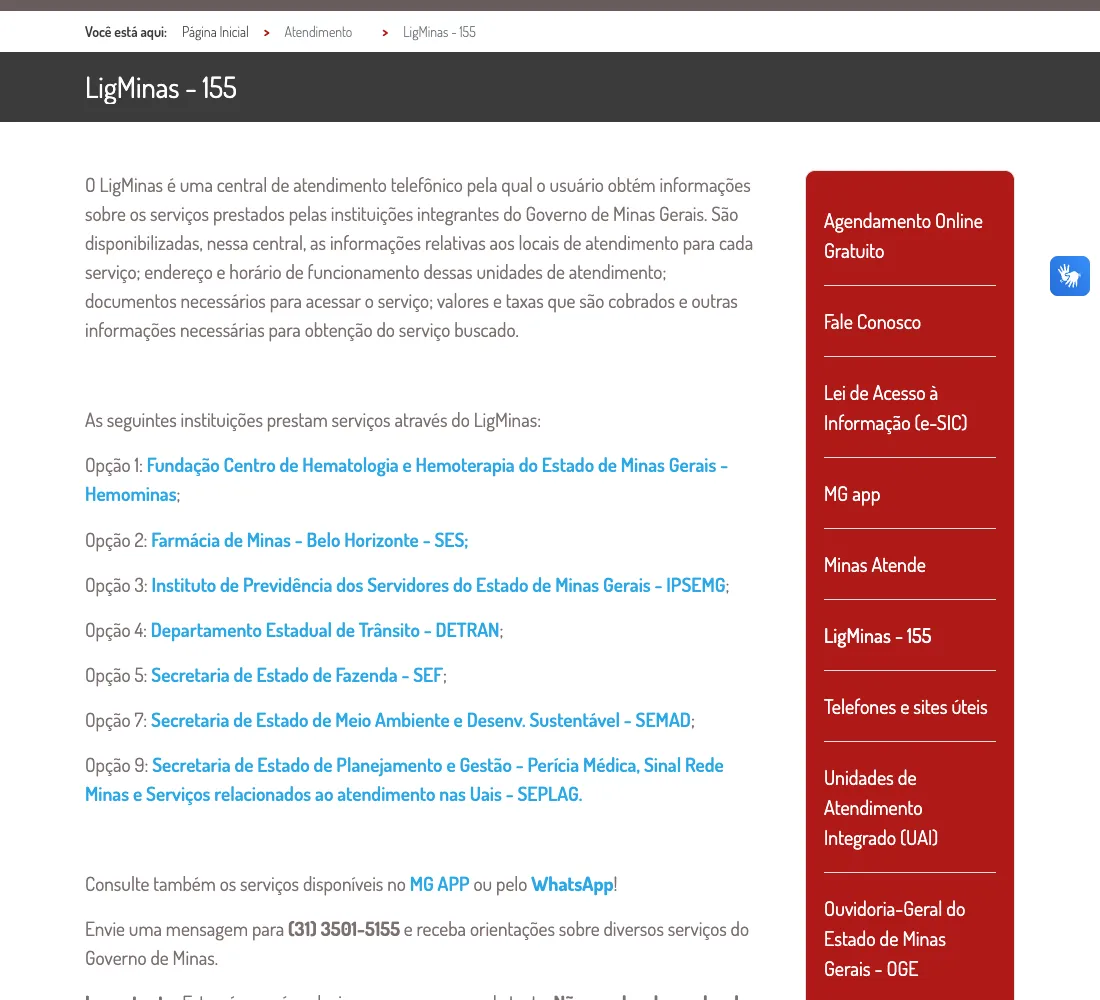 Página oficial do LigMinas 155 no Portal MG