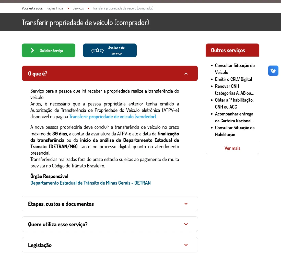 Página oficial de transferência de propriedade (comprador) no Portal MG